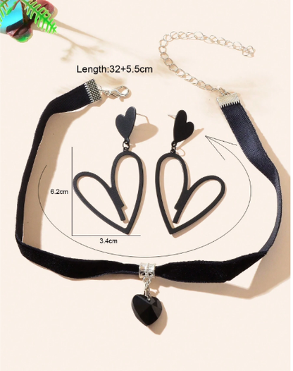 ❷⓿☀️Set de joyería de 3 piezas con colgante de corazón retro, gargantilla de terciopelo negro, pendientes con forma de corazón