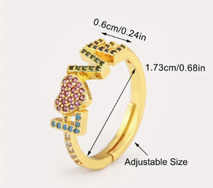 T❹❺🦋Anillo Ajustable de Carta de Amor Chapado en Oro con Circonita 3A Colorida