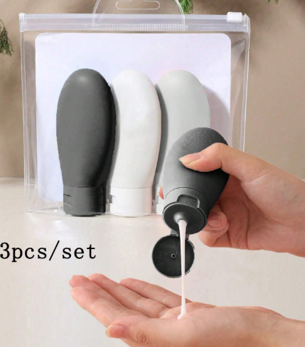 ❷❹⭐3 piezas Botellas divididas portátiles para viaje color negro, para maquillaje desmaquillante, botellas vacías divididas de silicona semicircular para 60 ml